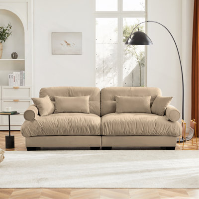 Large Size Modern Two-Seater Sofa With Bolstered Armrests,Velvet 2-Seater Sofa With Waist Pillows And Throw Pillows , Suitable For Living Room , Loft, Working Spaces , Hallway And Bedroom,Camel