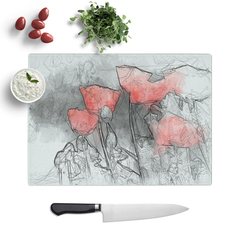 Tempered Glass Red Poppy Field Chopping Board, 20 cm x 28.5 cm