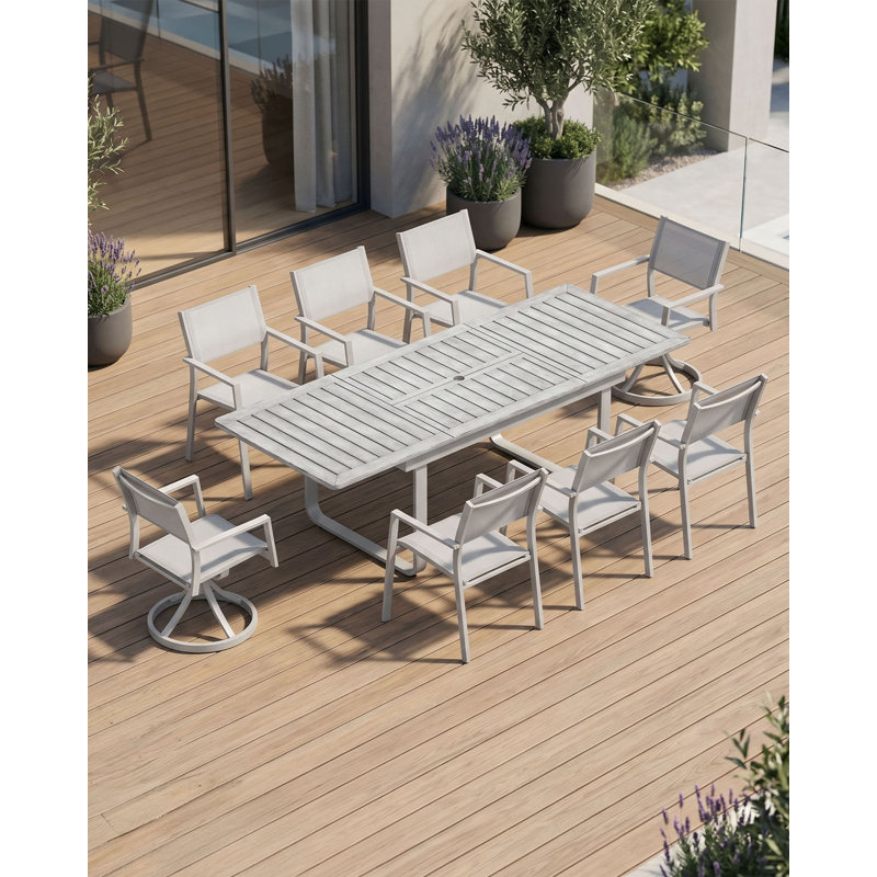 Ensemble de salle à manger d'extérieur extensible 9 pièces, ensemble de salle à manger de patio en aluminium avec chaises pivotantes, table à manger d'extérieur extensible et 6 chaises de salle à manger empilables en textilène pour terrasse, balcon, jardin
