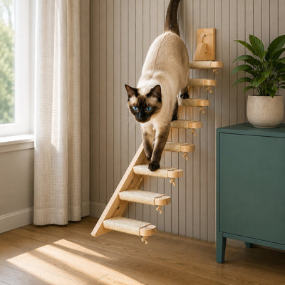 Petite étagère murale pour chat avec un escalier à 4 marches, une surface à griffer en jute naturel et une construction en bois d'hévéa massif, idéale pour les chatons.