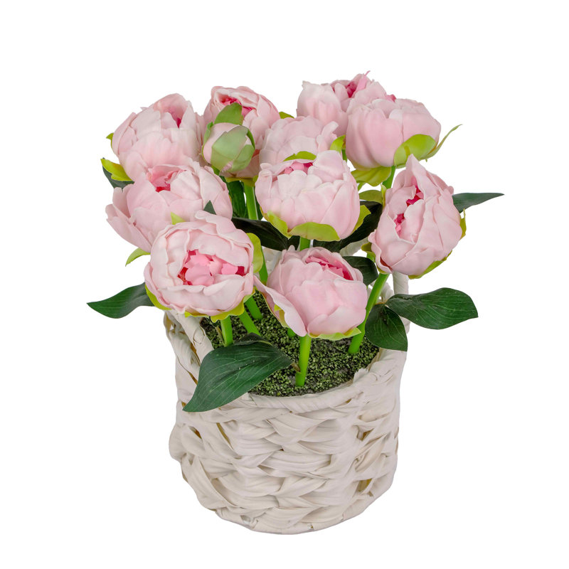 Bouquet de pivoines dans un panier blanc, Rose clair, Beige
