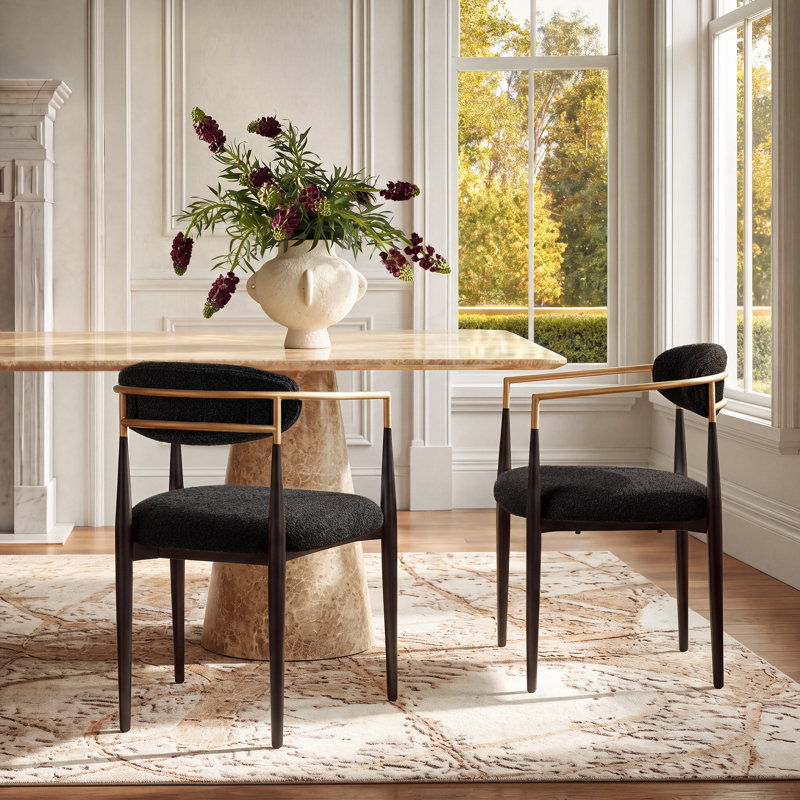 Metal Upholstered Dining Chairs (Set of 2), Black Boucle, Black