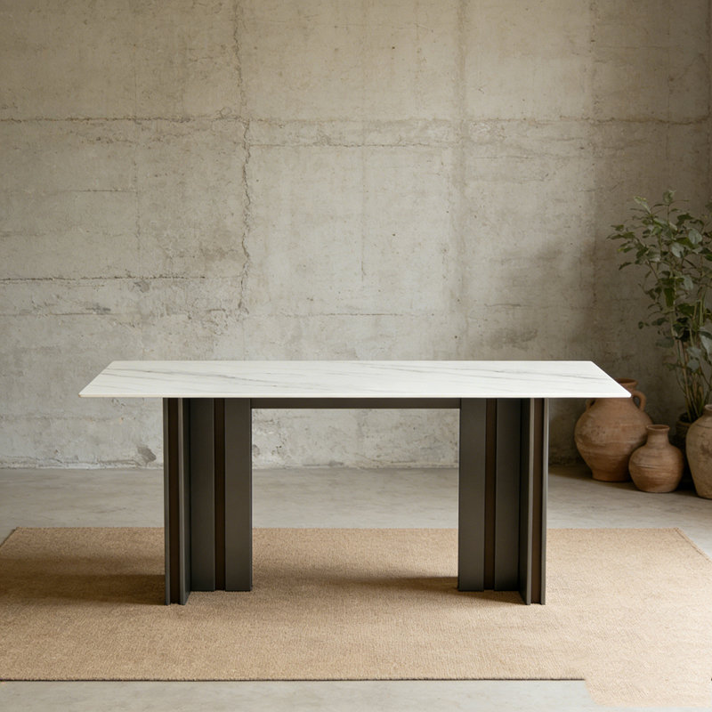Table de salle à manger 69,30 po rectangulaire, verre trempé avec plateau de table en marbre, pieds de table brossés mat