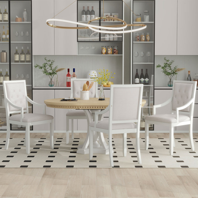 Retro 5-piece dining set extendable round table and 4 chairs,round table top with leaf,dining table set,dining room set Bowlds