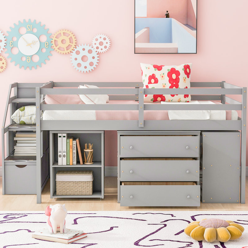 Lit mezzanine avec bureau d'écriture rétractable et tiroirs, Gris