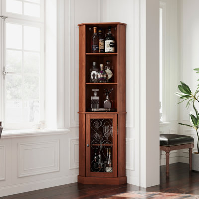 Tall Corner Bar Cabinet with Storage, Wood Liquor Cabinet with Open Shelves & Metal Mesh Door, Narrow Wine Cabinet for Small Spaces