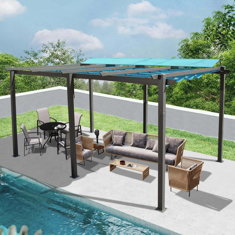 Outdoor Aluminum Retractable Pergola with Canopy, Lake Blue, 100.44" H x 192" W x 132" D