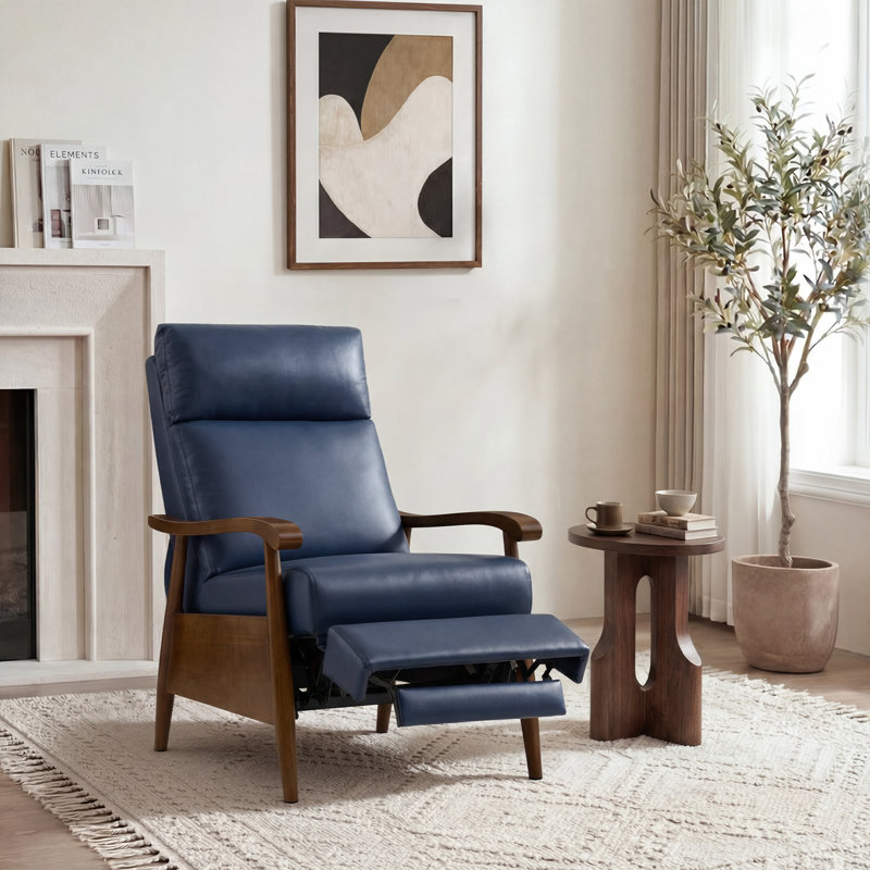 27.2”Wide Recliner Top Genuine Leather with Push-Back Function Solid Wood Frame and Arms For Living room Entertainment room Study