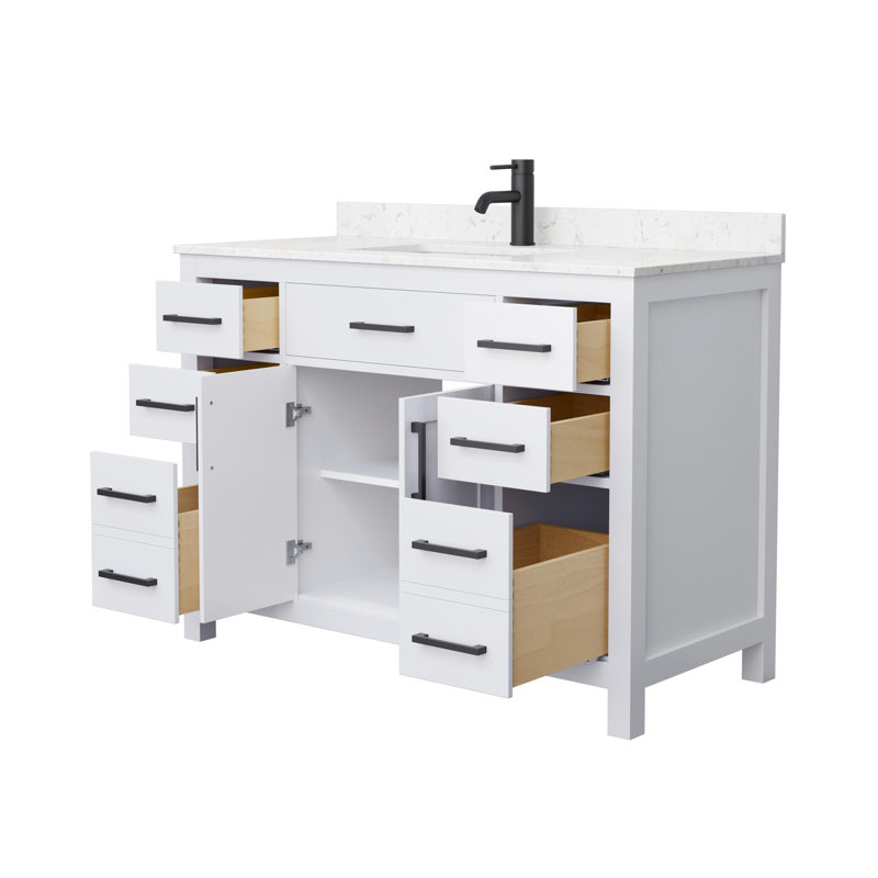 Beckett 48" Freestanding Single Bathroom Vanity with Cultured Marble Top, White, Carrara Cultured Marble, Matte Black