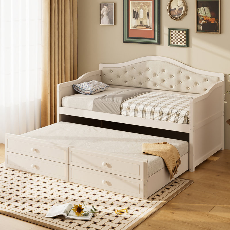 Lit de jour simple capitonné avec couchette, Beige