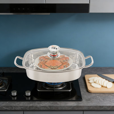 304 Stainless Steel Steamer Pot, 1.32-Gallon Oval Steaming Cookware
