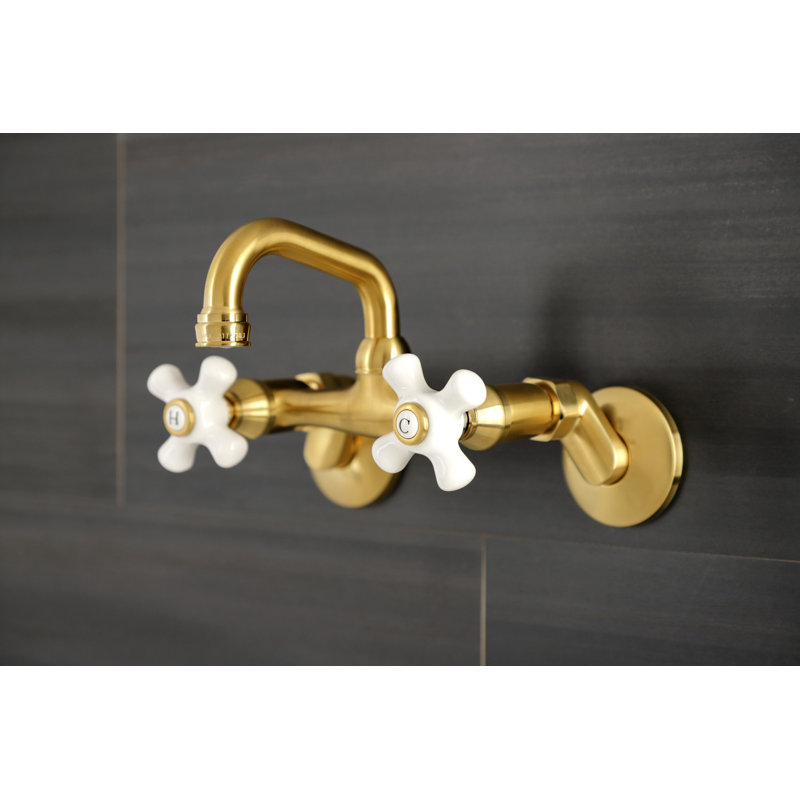 Kingston Brass Kingston Two-Handle 2-Hole Wall Mount Bar Faucet, Cross Handle, Brushed Brass/White