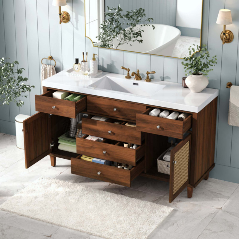 Meuble-lavabo de salle de bain avec lavabo SMC, grande armoire de rangement moderne avec tiroirs à fermeture en douceur et portes en rotin, boutons en métal argenté et 5 pieds en pin