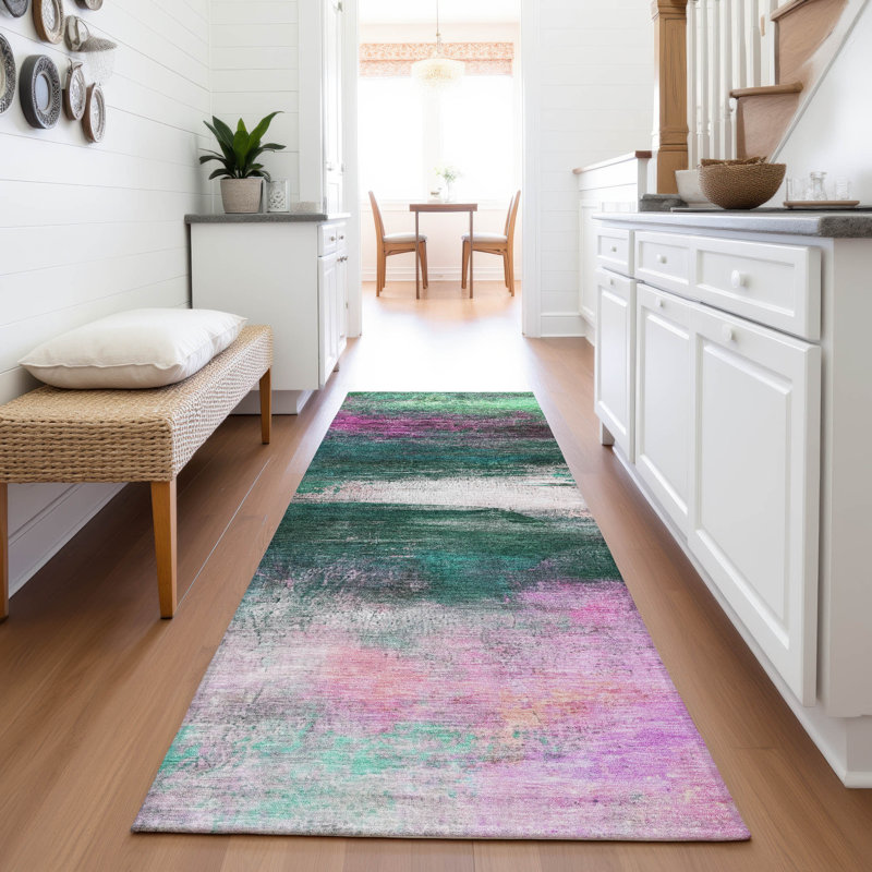 Machine Washable Indoor/Outdoor Xhevrie Green Rug, Runner 2'3" x 7'6"