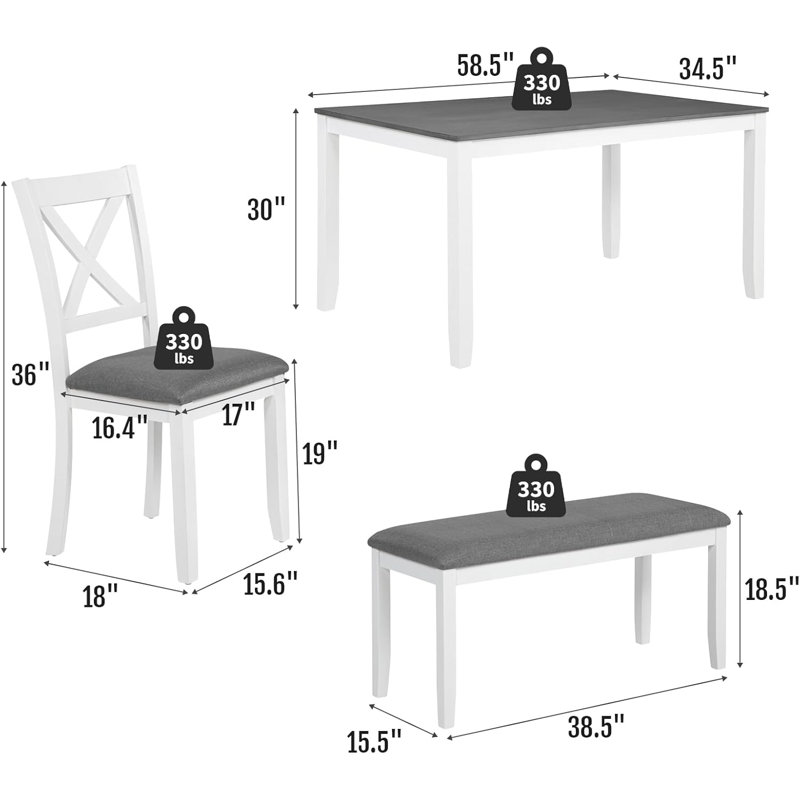 Dining Table Set for 6, 6-Piece  Kitchen Table & Chair Set, Includes 1 Table, 4 Upholstered Chairs & 1 Bench, X-shaped Backrest,