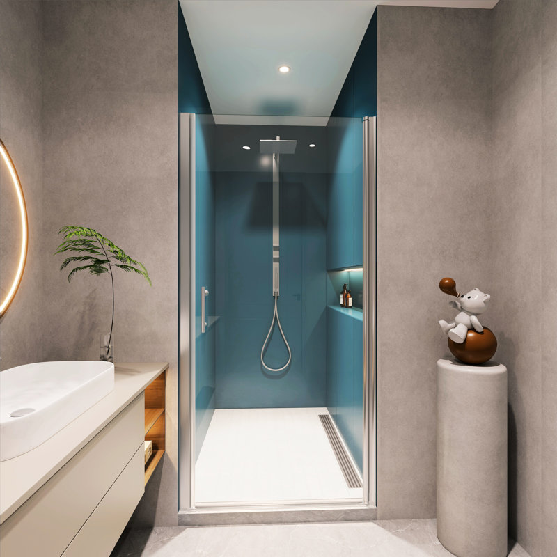 Universal Pivot Shower Door With 1 3/8" Adjustment - 1/4" Tempered Glass, Polished , #304 Stainless Steel Handle, Wall Channel, Easy Installation, Smooth System, Good Leakage, 28-29 Coverage