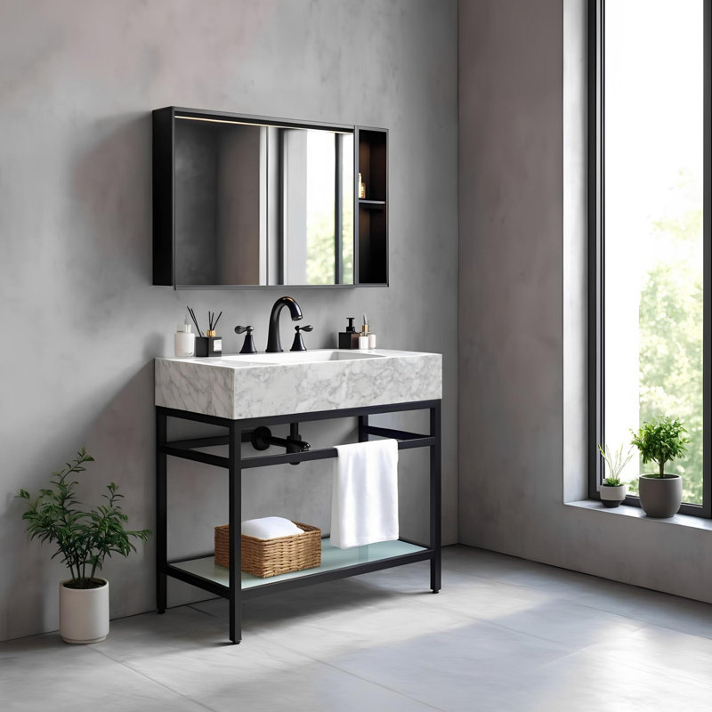 Meuble-lavabo 30 po en marbre de Carrare naturel avec lavabo, structure en acier inoxydable noir et tablette en verre, Noir