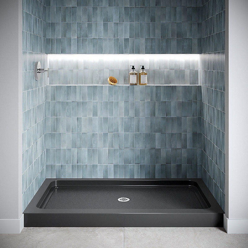 60 in. x 36 in. Alcove Acrylic Shower Base in Glossy Black With Center Drain, Drain Included, Glossy Black