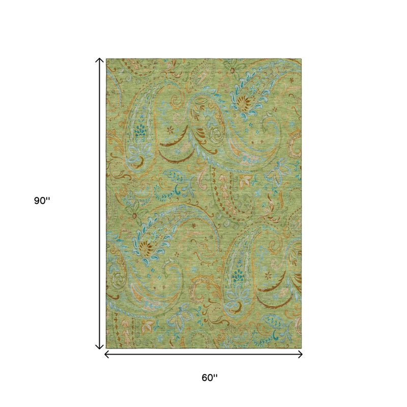 Tapis vert / bleu à motif cachemire lavable 5 pi x 8 pi avec protection UV