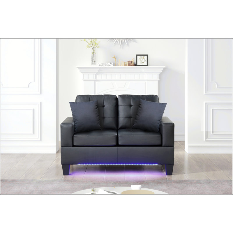Causeuse en tissu en PVC noir de 55,5 pouces de large Gemma avec lumières DEL, chargeur USB et coussins capitonnés pour un confort moderne