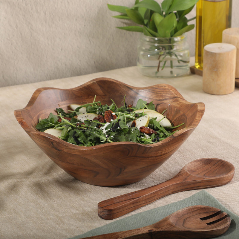  Ensemble de bols à salade en bois d'acacia 3 pièces Gibson Home Sandhurst - Bol de service festonné de 12 pouces avec plateaux à salade en bois 