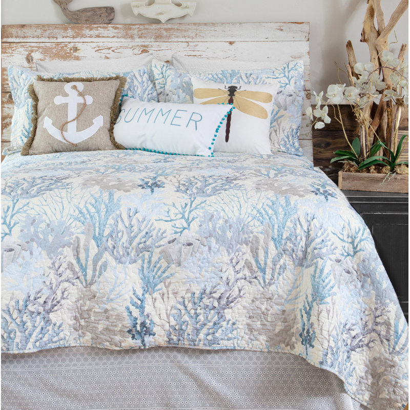Twin White Coastal Microfiber Quilt Set