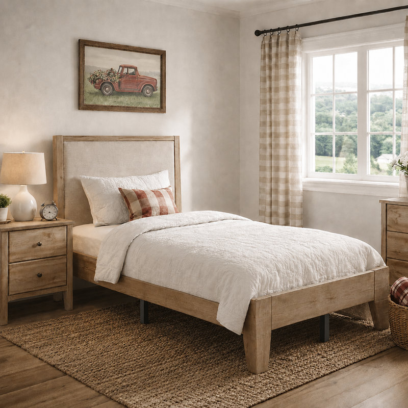 Modern Solid Pine Platform Twin Bed Frame, Gray Wash, Twin