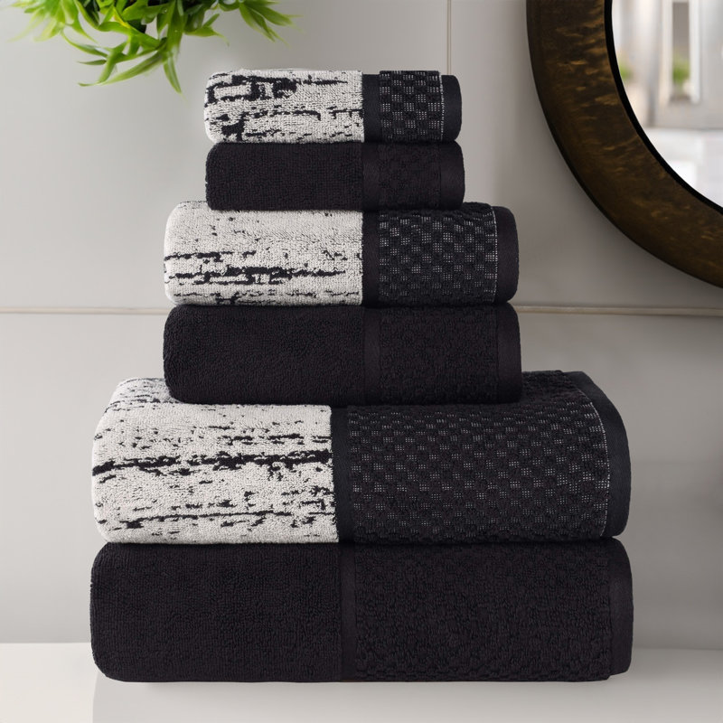 Lodie Cotton Plush Soft Absorbent Jacquard Solid and Two-Toned 6 Piece Towel Set, Black/Ivory