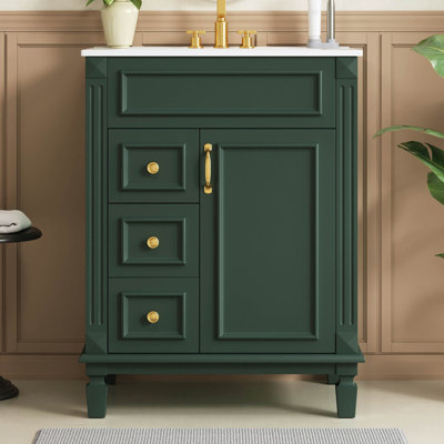 24" Bathroom Vanity with Ceramic Sink, Small Bathroom Sink Cabinet, Modern Cabinet with 2 Drawers and Adjustable Shelf