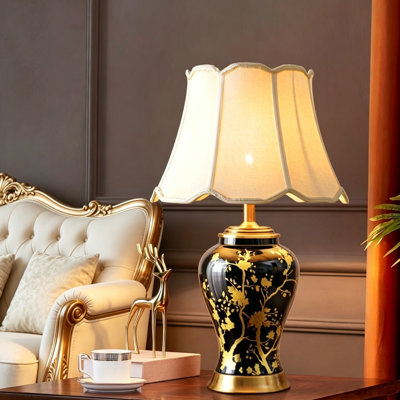 26in Black & Gold Chinoiserie Ceramic Table Lamp with Scalloped Shade Hand-Painted Ginger Jar Bedside Lamp