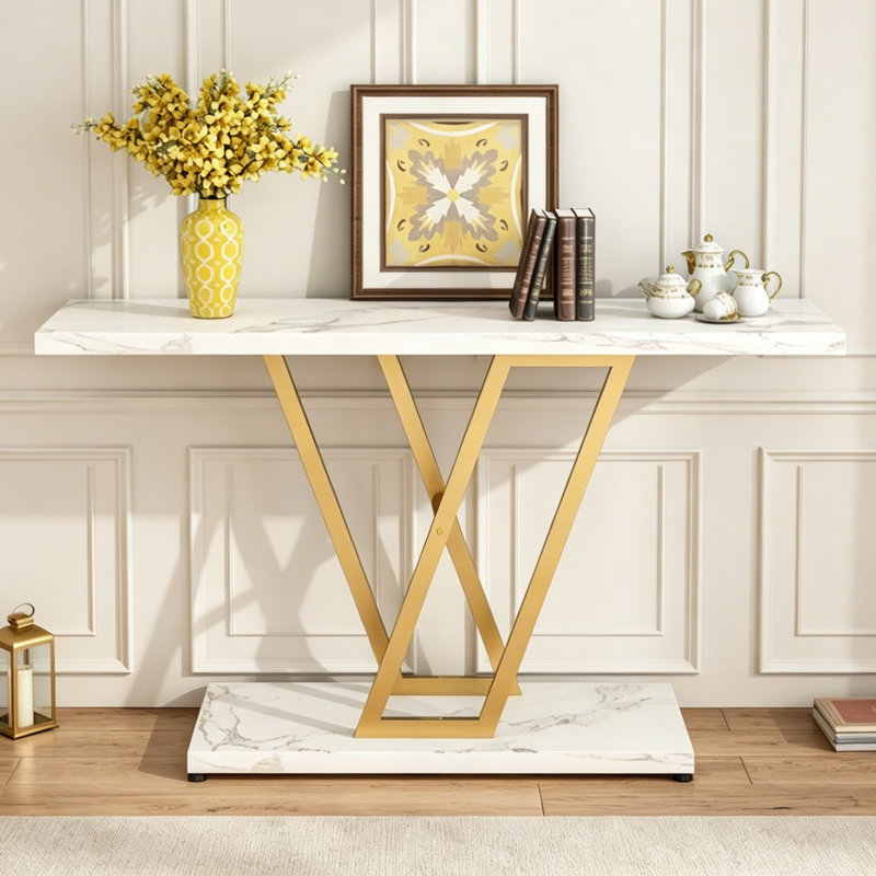 Console de 42 po avec base géométrique dorée pour le vestibule et le salon