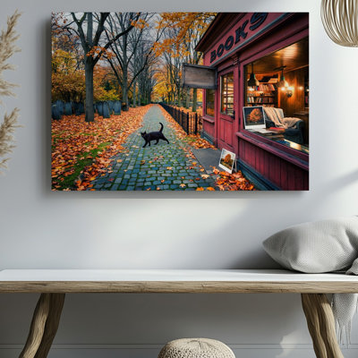 Canvas A Cozy Autumn Scene Unfolds Along A Cobblestone Pathway Blanketed Wall Art In Vibrant Orange And Yellow Leaves Leading Through Canvas Wall Art