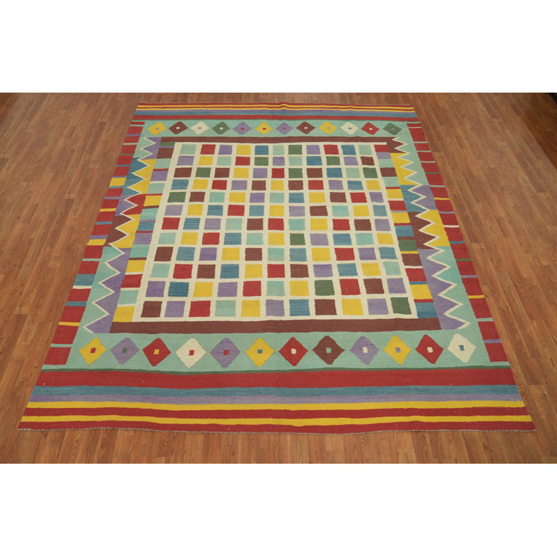 Tapis à carreaux en laine à motif oriental kilim 8 x 10