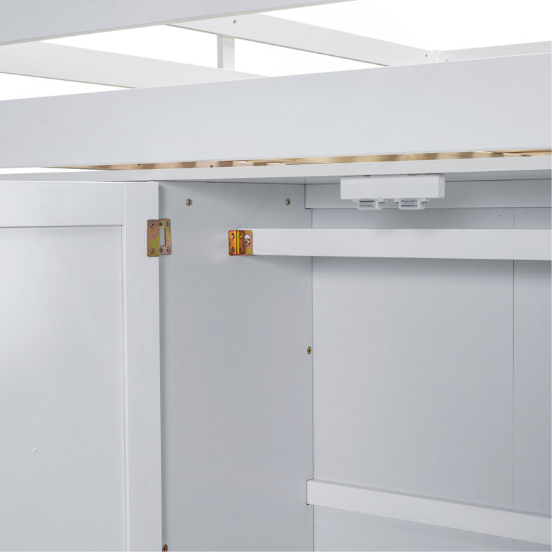 Lit mezzanine double en bois avec garde-robe intégrée, bureau, tablettes et tiroirs, blanc