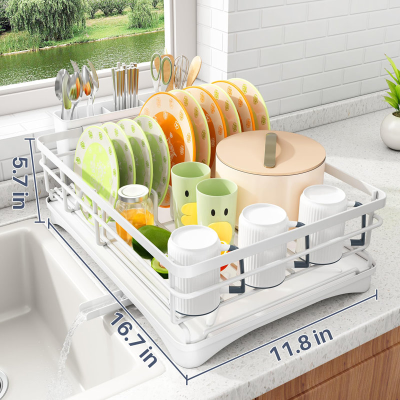 Dish Drying Rack - Stainless Steel Dish Rack For Kitchen Counter, Large-Capacity Dish Drainer With Cutlery Holder, Kitchen Organizer For Dishes, Spoons And Forks, White