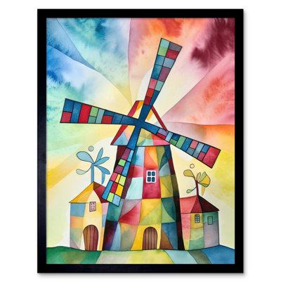 Windmill Folk Art Abstract Bright Artwork Framed Wall Art Print 9X7 Inch