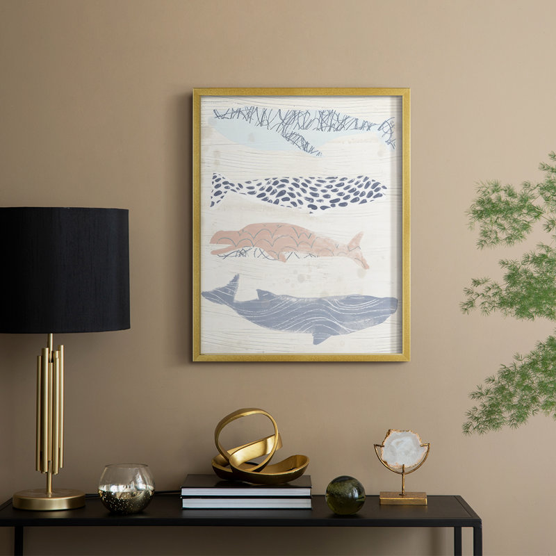 Reproduction encadrée à motif de baleine I - bois massif, H 11 po x l 9 po, Doré