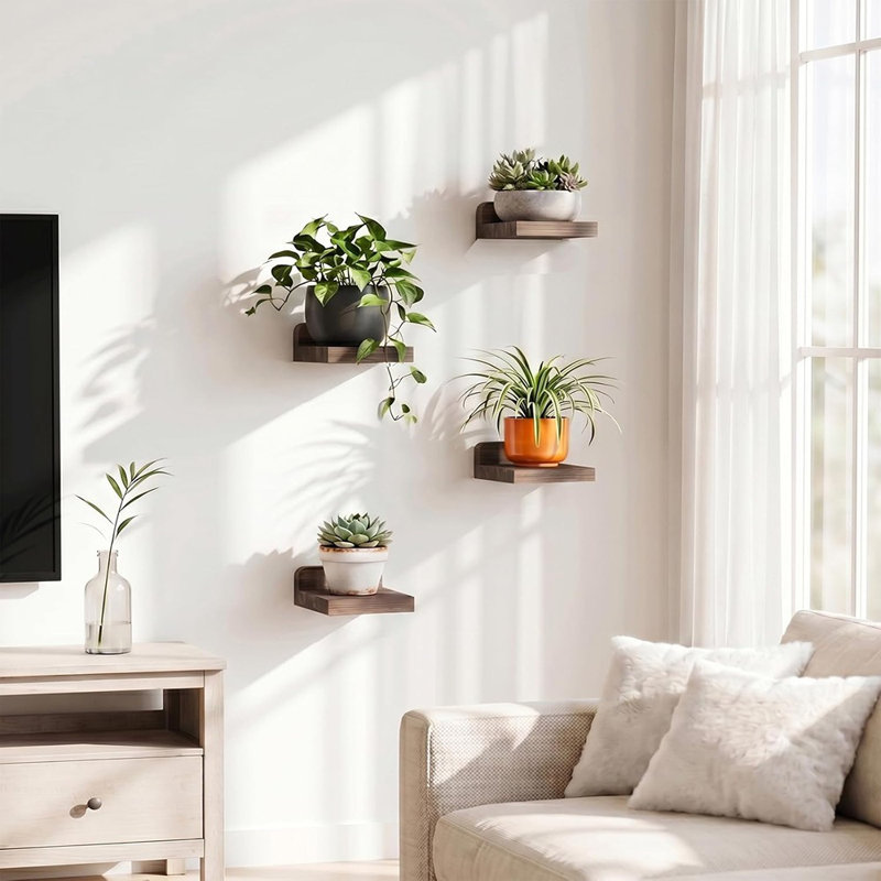 Ensemble de 4 petites tablettes murales flottantes rustiques en bois noir carbonisé foncé pour la chambre à coucher, le salon, la cuisine et la salle de bain