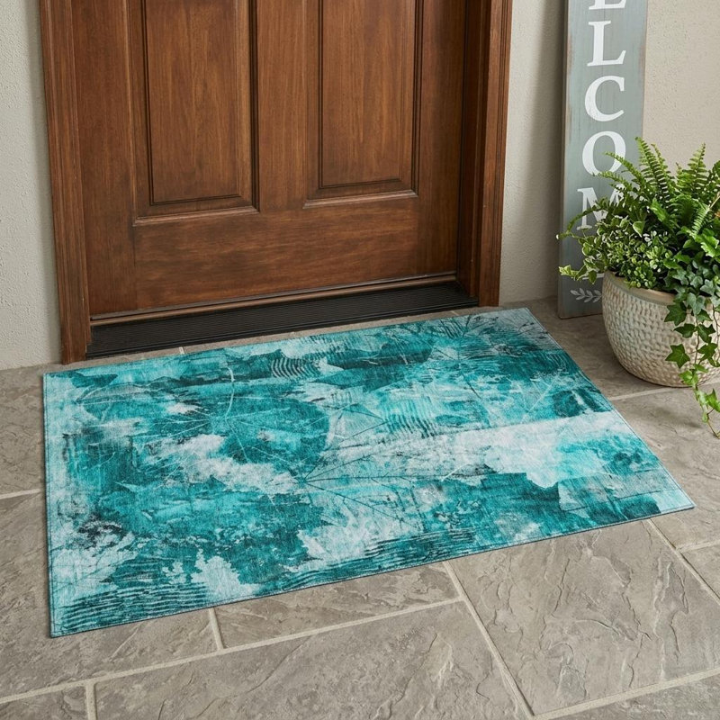 3' X 5' Teal Floral Washable Non Skid Indoor Outdoor Area Rug