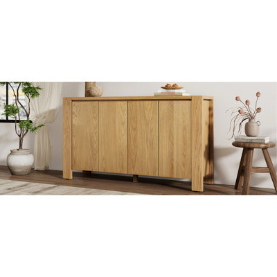 4-Door Storage Sideboard, Oak Veneer Surface, Adjustable Shelving, Solid Wood Retro Spacious Storage, Distressed Finish, Foot Pads