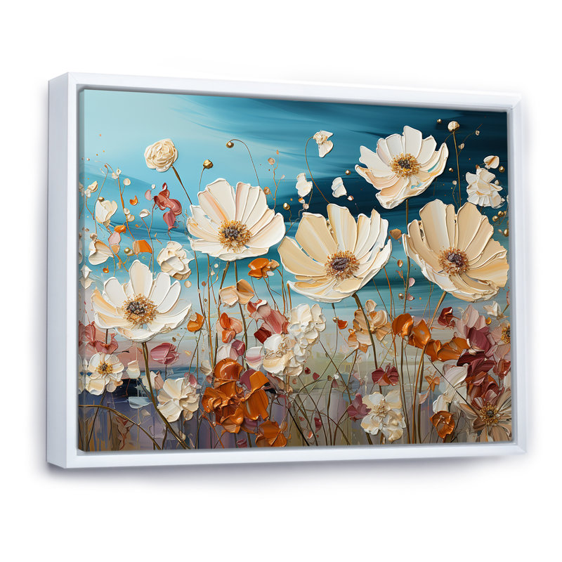 Fleurs de saison beige et bleues - imprimé, H 30 po x l 40 po x P 1,5 po, Cadre flottant blanc