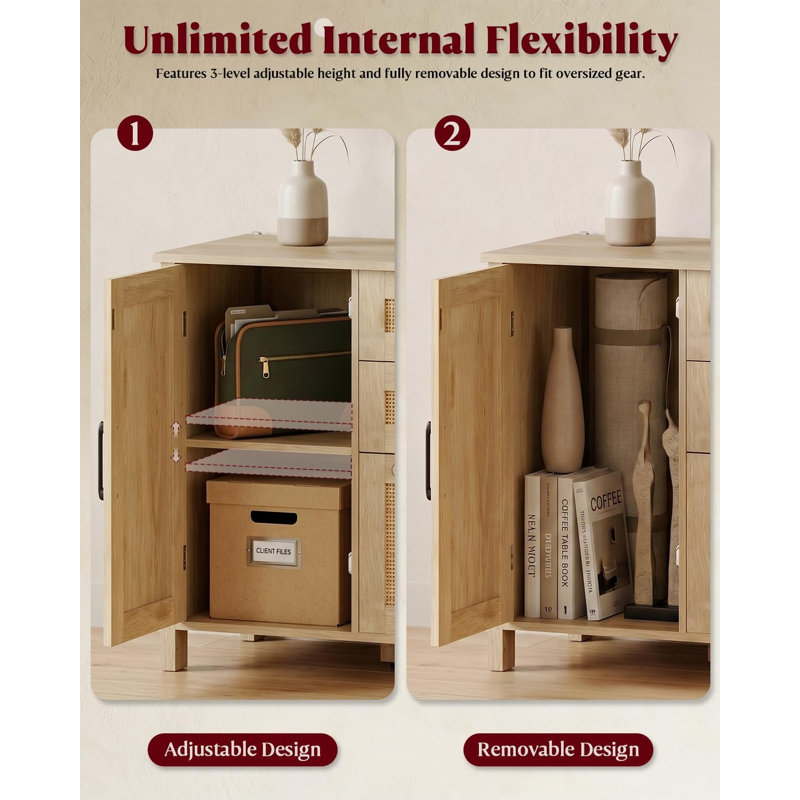 Rattan 3-Drawer & 2-Door Filing Cabinet With Lockable Drawer And Adjustable Shelf