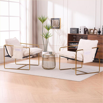 Set of 2 Upholstered Accent Armchairs for Adults, Gold Plated Metal Frame, Beige Accent Chairs for Living Room Bedroom