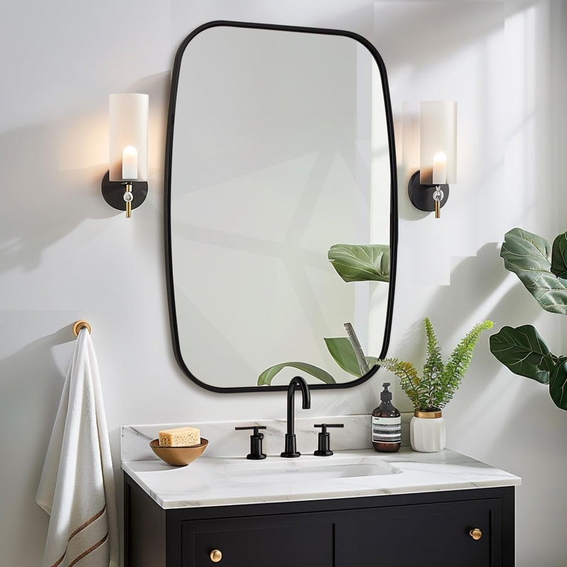 Miroir de salle de bain contemporain | Cadre épais en acier inoxydable, 36 po x 28 po, Noir mat