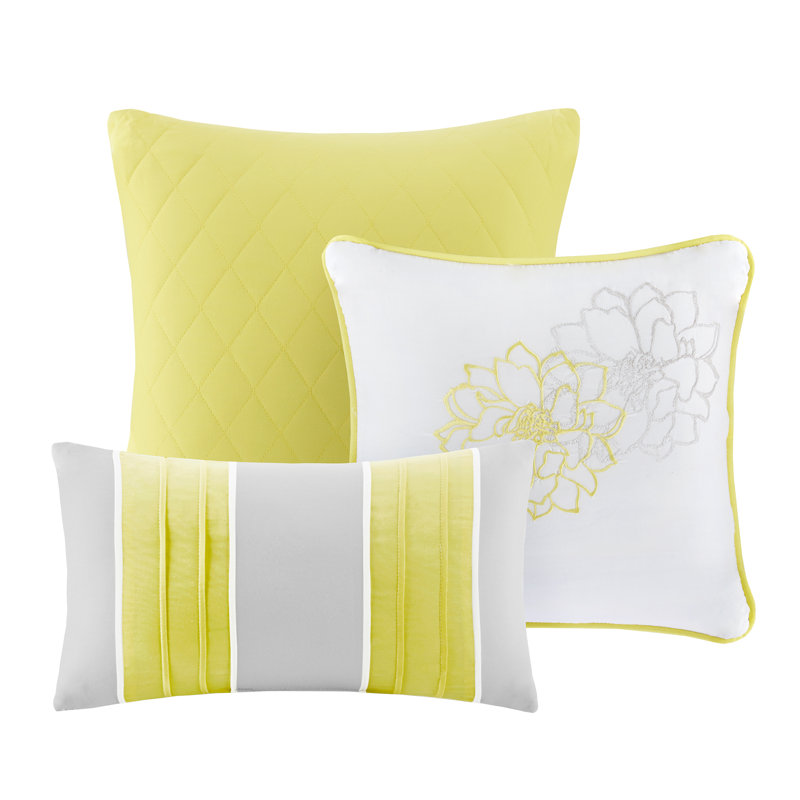 Queen Gray and Yellow Floral Cotton Comforter Set