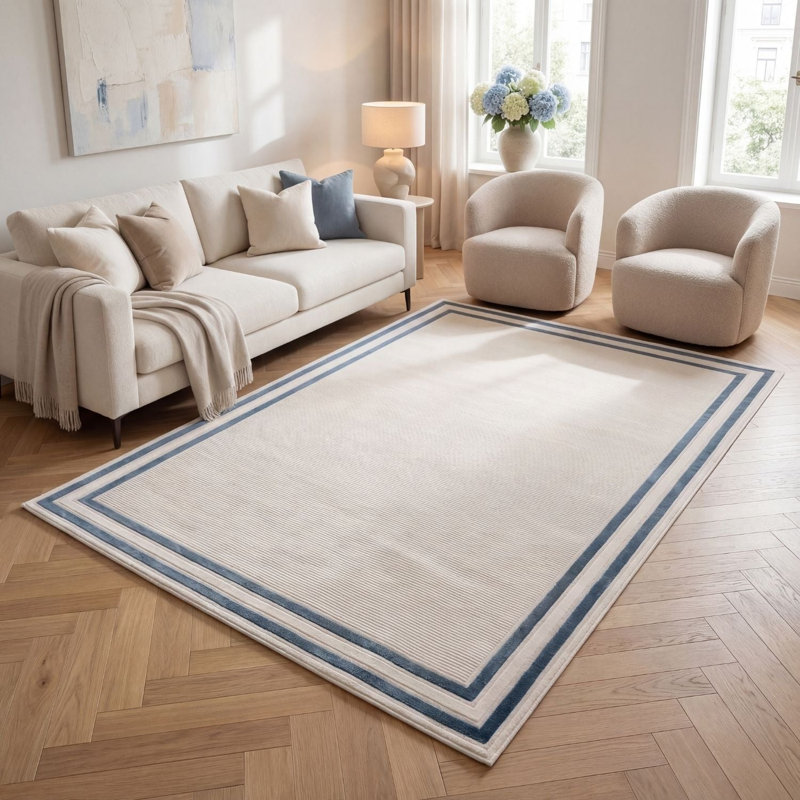 Carmel Modern Bordered Cream/Navy Area Rug, Rectangle 240 x 340 cm