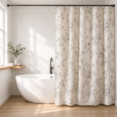 Vintage Floral Linen Shower Curtain, Boho French Country Bathroom Decor, Water Resistant Fabric with Hooks, Machine Washable