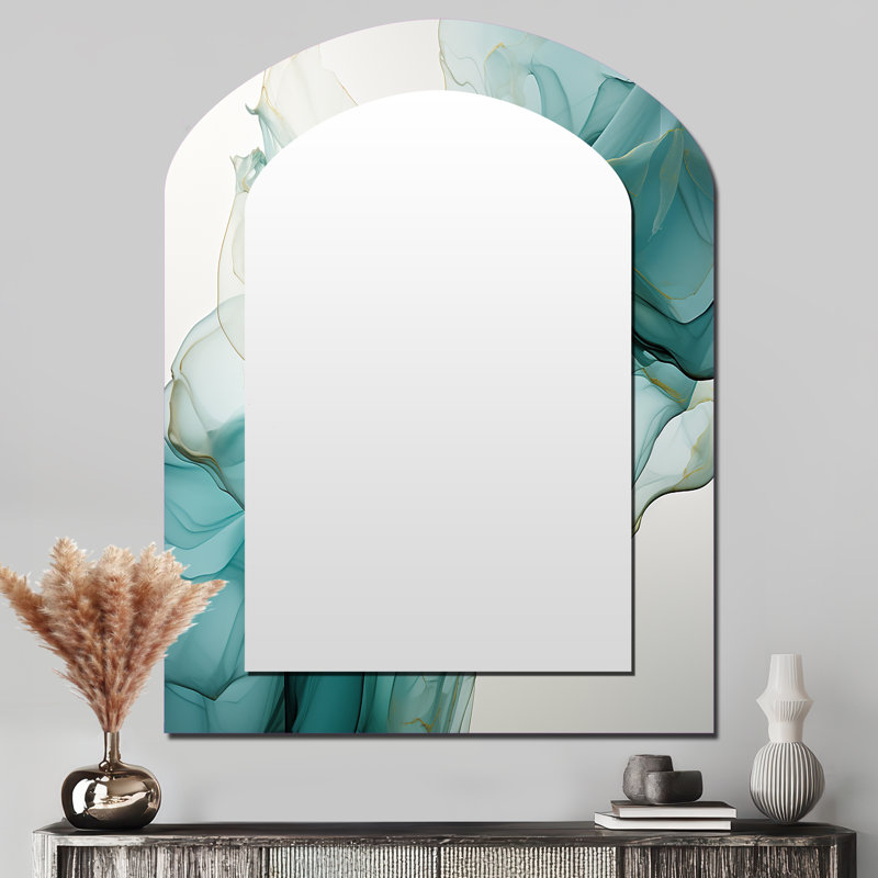 Green and grey liquid ink mirage II - Liquid Ink Asymmetrical Decorative Wall Mirror, Modern Arch Mirror, Printed Metal Art