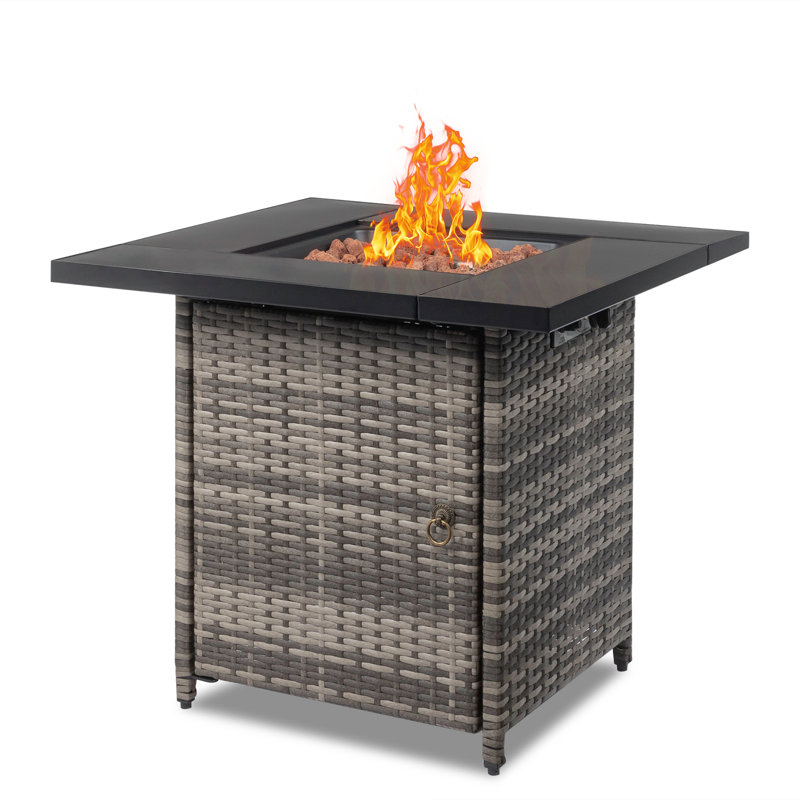 Black Gas Fire Pit Table – Stainless Steel+wicker With Volcanic Stone, 2-in-1 Outdoor Dining/coffee Table, Patio/backyard Party Essential