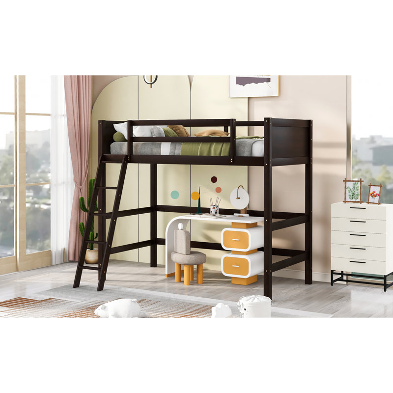 Lit mezzanine simple en bois massif avec espace intégré, Espresso
